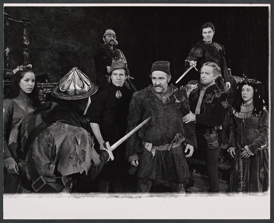 Louise Sorel [left], Alfred Drake, Carmen Mathews [right] and unidentified others in the stage production Lorenzo