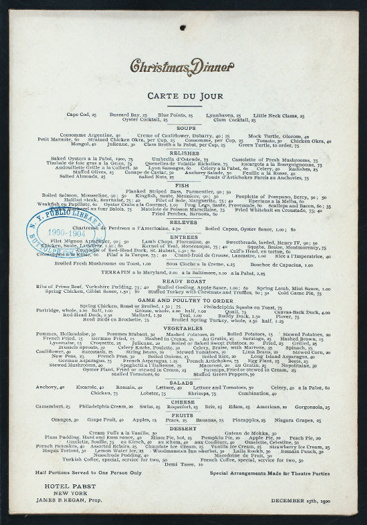 CHRISTMAS DINNER [held by] HOTEL PABST [at] "BROADWAY AND 42ND STREET, NY" (HOTEL;)