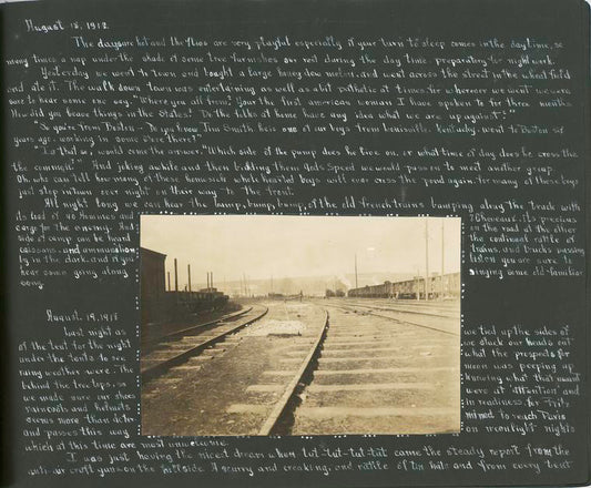 [Diary entries:] August 18, 1918; August 19, 1918; [photograph depicting railroad tracks and ammunition train at Chateau Thierry.]