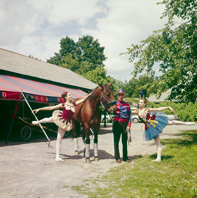 New York City Ballet - Lynn Stetson and Susan Hendl pose with horse for publicity opening of Saratoga Performing Arts Center (Saratoga)