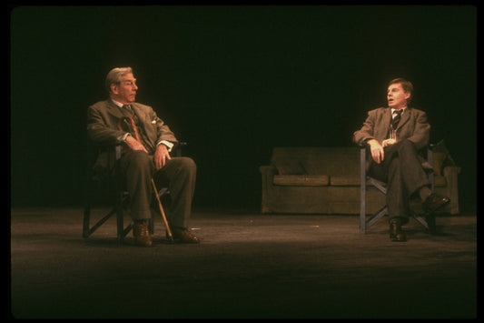 Actors (L-R) Michael Gough & Derek Jacobi in a scene fr. the Broadway play "Breaking the Code." (New York)