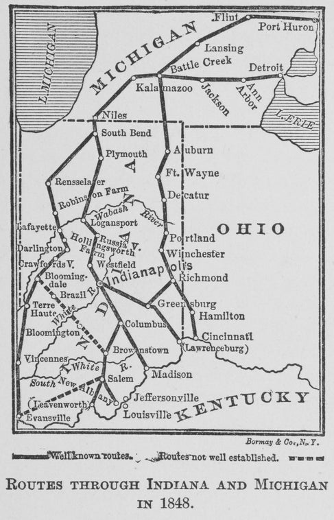 Routes through Indiana and Michigan in 1848.  As traced by Lewis Falley.