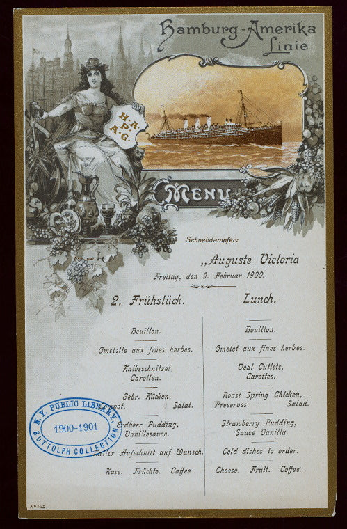 LUNCH [held by] HAMBURG-AMERIKA LINIE [at] SS AUGUSTE VICTORIA (SS;)