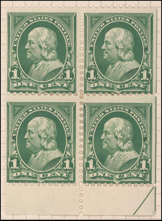 1c deep green Franklin block of four