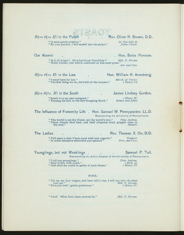 ANNUAL DINNER IN HONOR OF MR. JUSTICE DAVID J. BREWER OF THE SUPREME COURT OF THE UNITED STATES [held by] THE PHILADELPHIA ALUMNI CHAPTER BNRA ONRALLI [at] "HOTEL STENTON, PHILADELPHIA, PA" (HOT;)