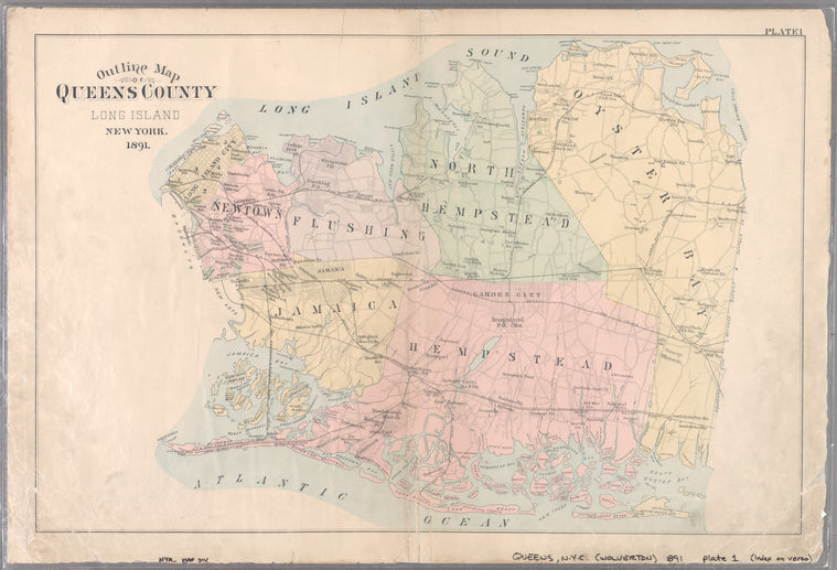 Plate 1: Outline Map of Queens County, Long Island, New York, 1891.