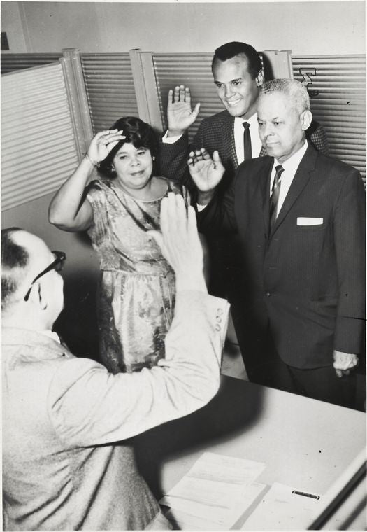The Belafontes become citizens: Harry Belafonte is a witness for his parents' naturalization