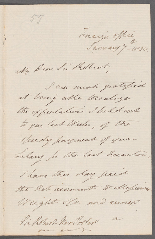 Henry Rolleston to Robert Ker Porter, autograph letter signed