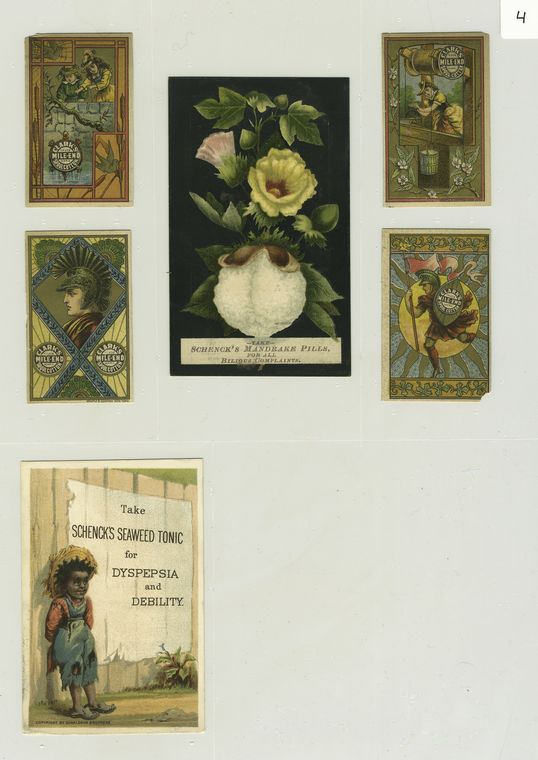 Trade cards and calendars depicting flowers, men in armor, the sun, wells, children and an African American boy.