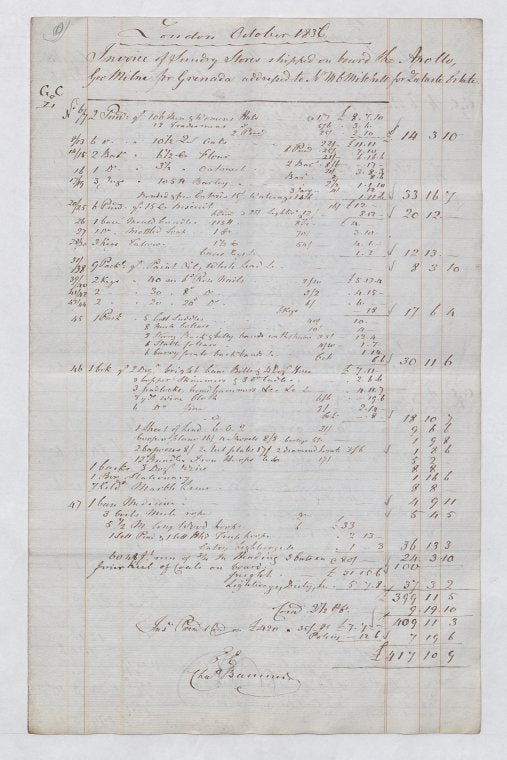 Invoice of Sunday Stores shipped on board the Apollo, Geo. Milne, London dated October 1836