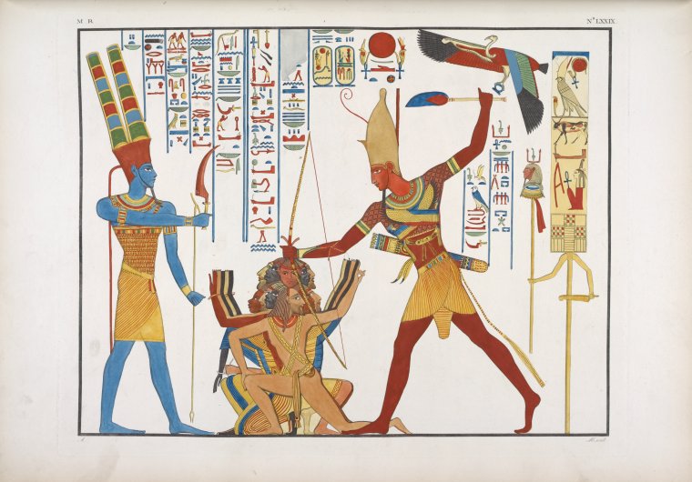 Comincia la serie delle battaglie e conquiste di Ramses III [Ramesses II], rappresentate nel grande Speco d'Ibsambul [Abû Sunbul] in Nubia]. Il re percote un mazzo di vinti di varie specie dinnanzi ad Amon-rê [Amon].