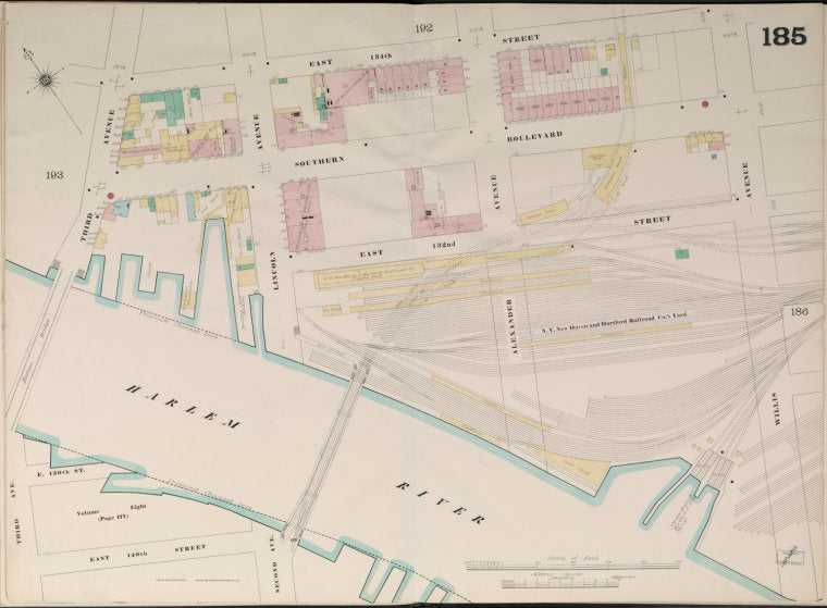 Bronx, V. 9, Double Page Plate No. 185 [Map bounded by East 134th St., Willis Ave., Harlem River, East 129th St., 3rd Ave.]