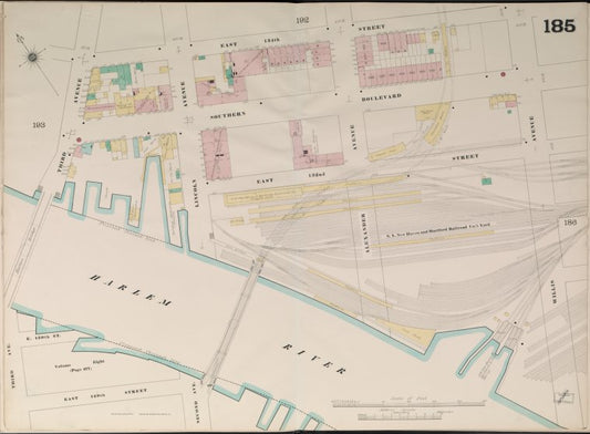 Bronx, V. 9, Double Page Plate No. 185 [Map bounded by East 134th St., Willis Ave., Harlem River, East 129th St., 3rd Ave.]