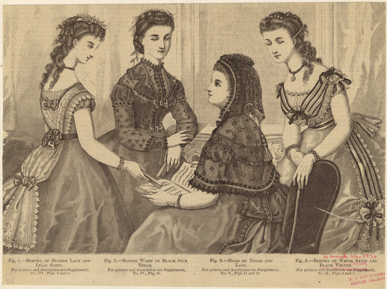 Bertha of blonde lace and lilac satin ; Blouse waist of black silk tulle ; Hood of tulle and lace ; Bertha of white satin and black velvet