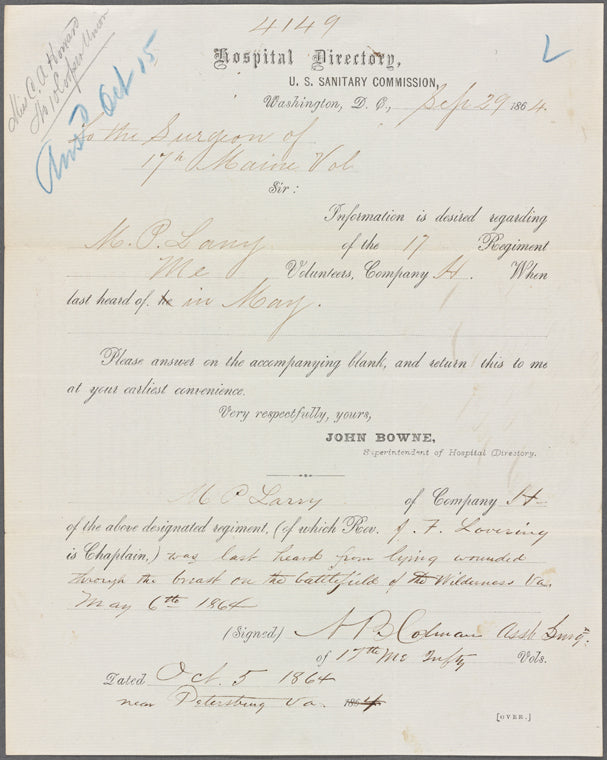 Letter of inquiry by John Bowne, 1864, for M. P. Larry, 17 ME Infantry Co. H