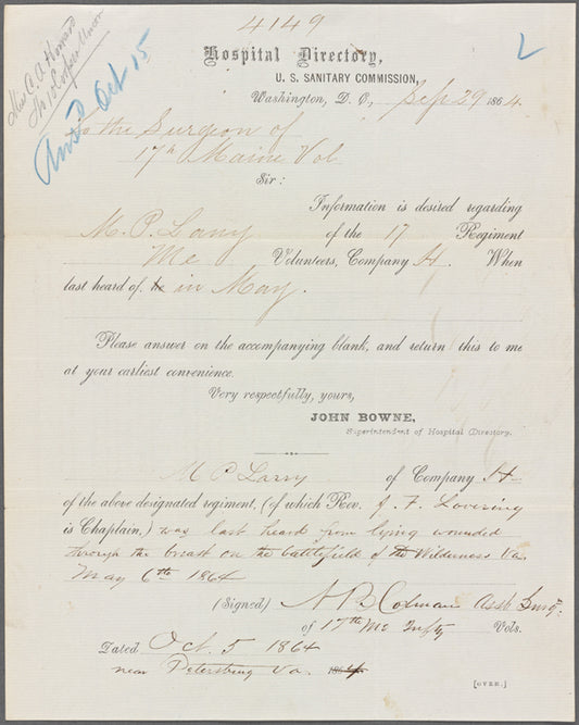 Letter of inquiry by John Bowne, 1864, for M. P. Larry, 17 ME Infantry Co. H