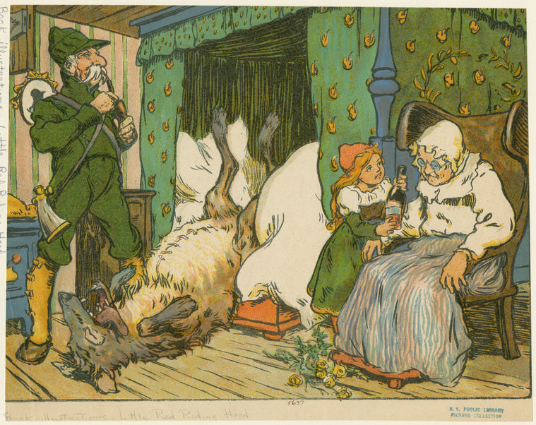 Little Red Riding Hood saved by the huntsman