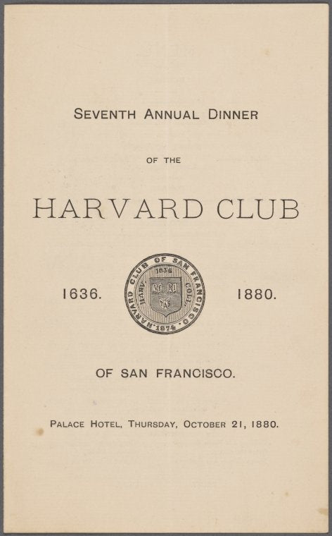 Dinner menu, Harvard Club of San Francisco at Palace Hotel