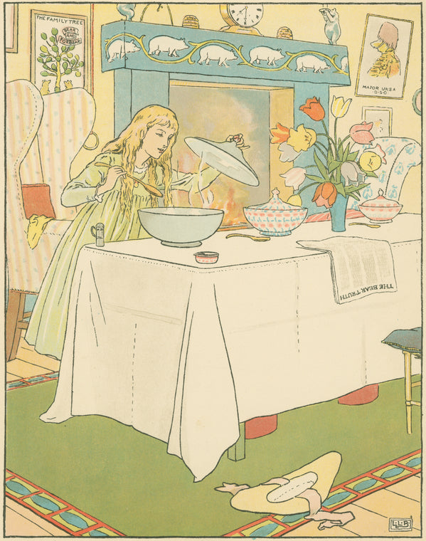 Goldilocks tastes the porridge.