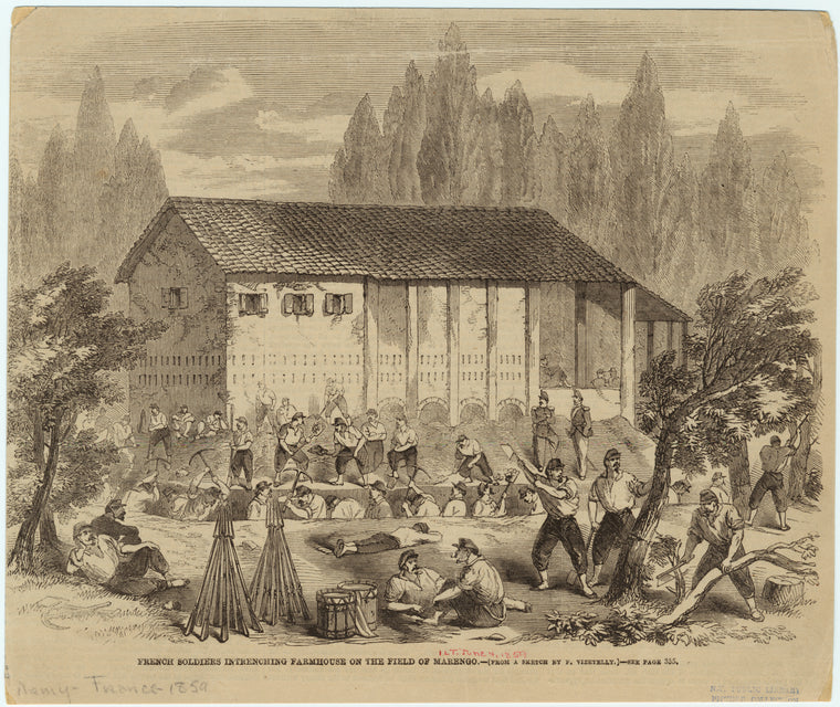 French soldiers intrenching farmhouse on the field of Marengo