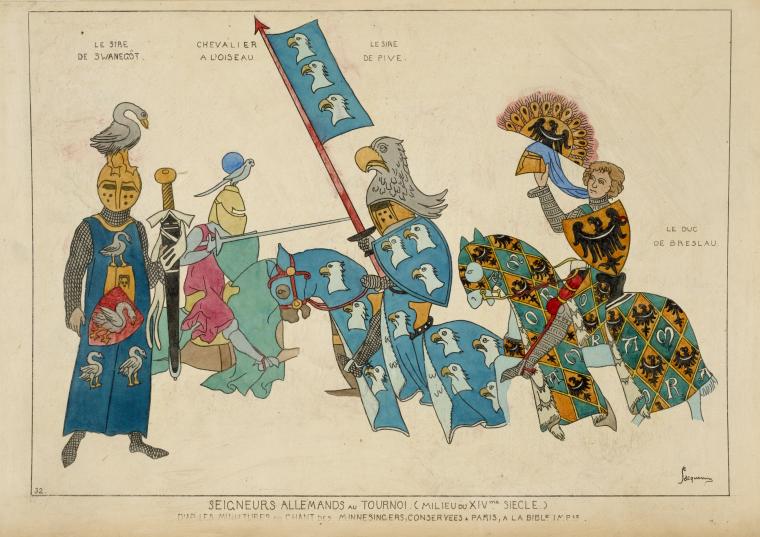 Seigneurs Allemands au Tournoi. (Milieu du XIVme siecle.) D'ap[rés] les miniatures du chant des minnesingers, conservees a Paris, a la Bible Imp[eriale.] Le sire de Swanegöt. Chevalier a l'Oiseau. Le sire de Pive. Le duc de Breslau.