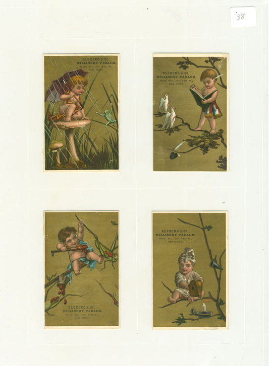 Trade cards depicting a boy : sitting on a mushroom under an umbrella watching a frog, reading to sitting doves in a tree, painting grasshoppers red and blowing out a candle.