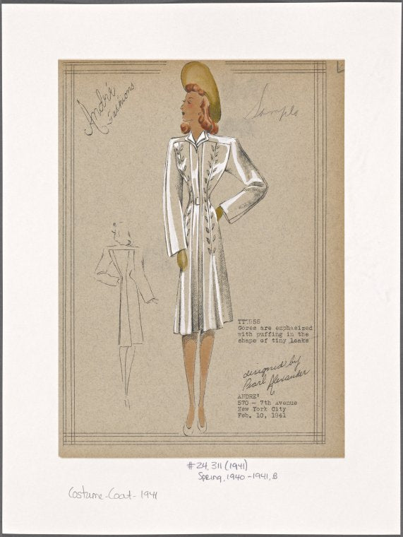 Fitted coat with puffed leaf shapes lining the front gores.