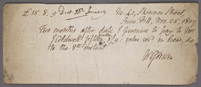 Promissory note signed to J. Coldwell, 25 November 1807