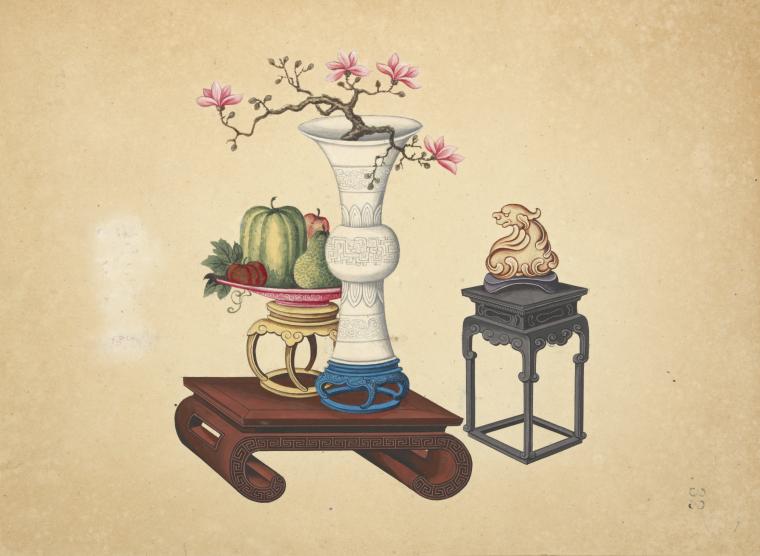 Low table with vase and dish, small table with sculpture