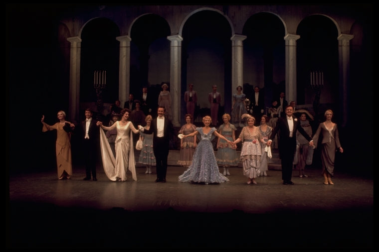 Actors (L-R) Patti Karr, Ted Pugh, Ruth Warrick, Ron Husmann, Jane Powell, Patsy Kelly, George S. Irving & Carmen Alvarez w. cast in the curtain call of the replacement cast of the Broadway revival of the musical "Irene." (New York)
