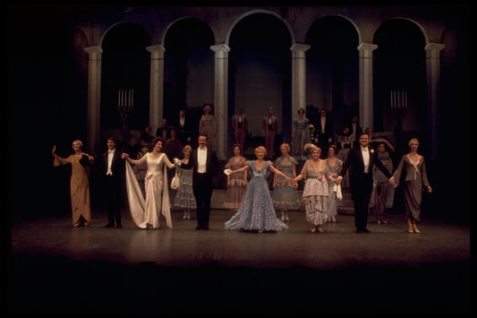 Actors (L-R) Patti Karr, Ted Pugh, Ruth Warrick, Ron Husmann, Jane Powell, Patsy Kelly, George S. Irving & Carmen Alvarez w. cast in the curtain call of the replacement cast of the Broadway revival of the musical "Irene." (New York)