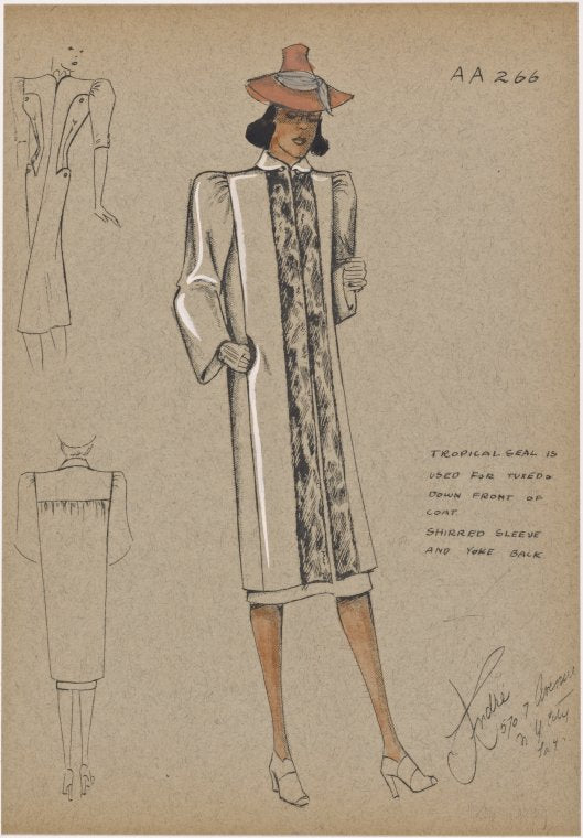 Straight coat with seal fur on front.