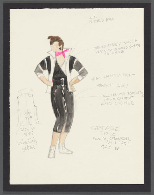 Grease: Costume sketch for Act 1 Sc 1 Rizzo (Rosie O'Donnell), with mounted fabric swatches