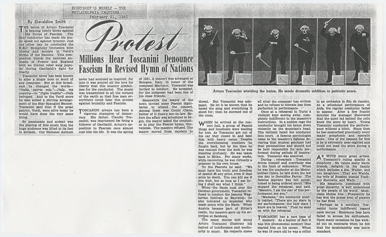 Newspaper review of Arturo Toscanini's Hymn of Nations