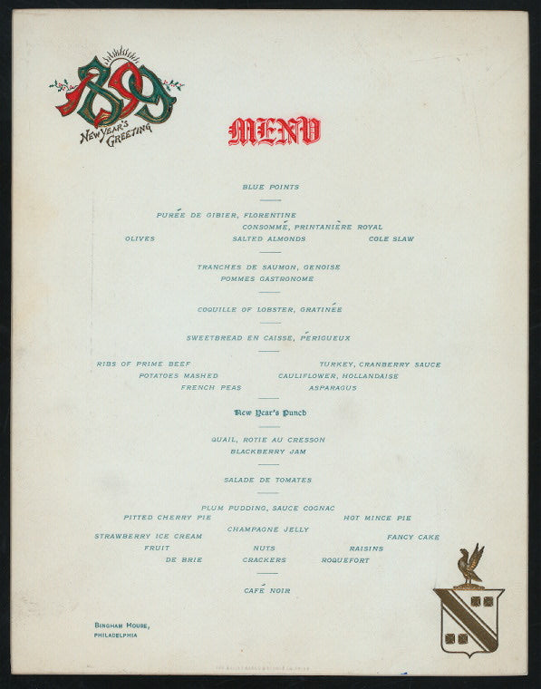 NEW YEAR'S DAY DINNER [held by] BINGHAM HOUSE [at] "PHILADELPHIA, PA" (HOTEL;)