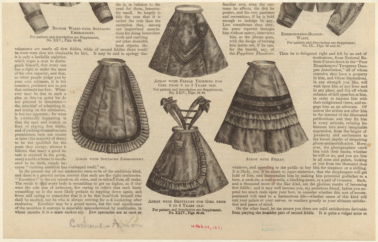 Apron with soutache embroidery ; Apron with fringe trimming for girl from 6 to 8 years old ; Apron with bretelles for girl from 6 to 8 years old ; Apron with frills
