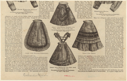 Apron with soutache embroidery ; Apron with fringe trimming for girl from 6 to 8 years old ; Apron with bretelles for girl from 6 to 8 years old ; Apron with frills