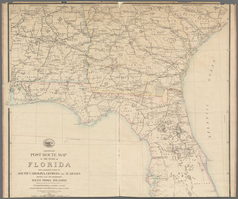 Preliminary post route map of the state of Florida : with adjacent parts of South Carolina, Georgia and Alabama : showing also the neighboring West India Islands