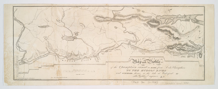 Map and profile of the Champlain Canal as made from Lake Champlain to the Hudson River and surveyed thence to the tide at Waterford