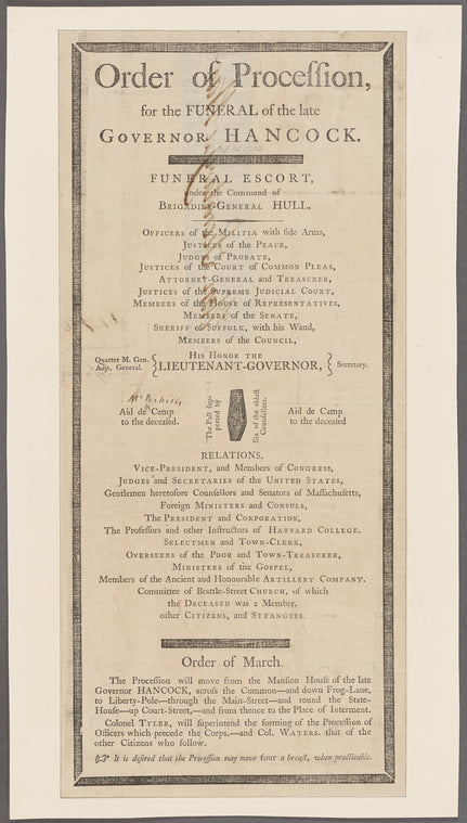[Hancock, John]. Order of procession for funeral of John Hancock. Broadside
