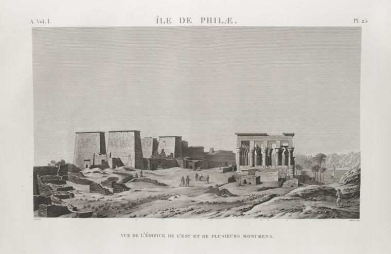 Île de Philæ. Vue de l'édifice de l'est et de plusieurs monumens.