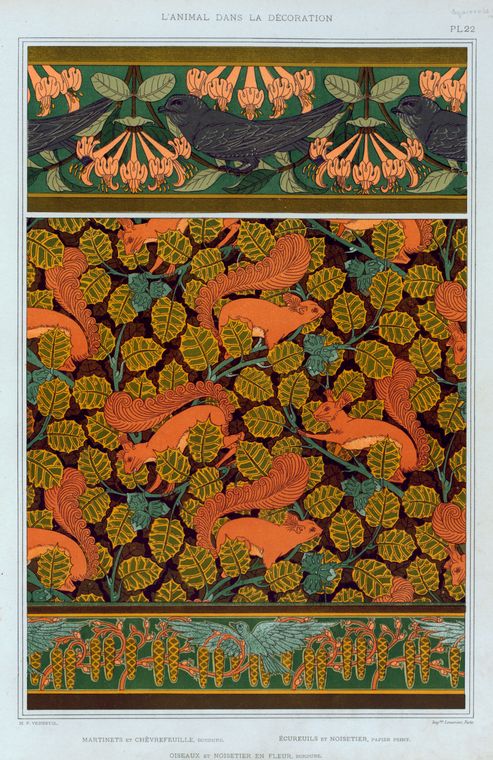 Martinets et chèvrefeuille, bordure. Écureuils et noisetier, papier peint. Oiseaux et noisetier en fleur, bordure.