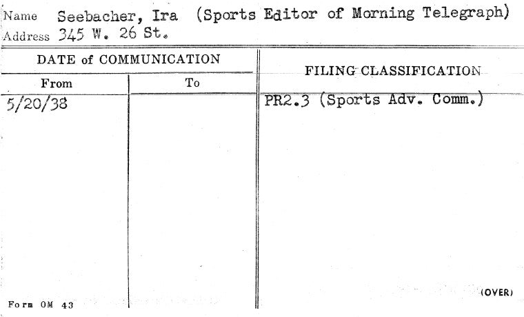 Seebacher, Ira (Sports Editor of Morning Telegraph)