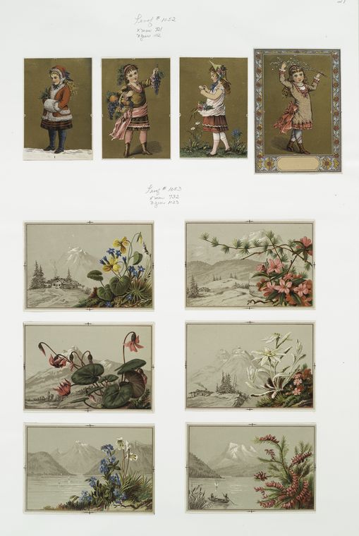Christmas and New Year cards depicting young girls, flowers and landscapes.