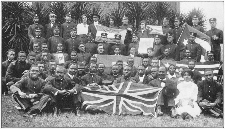The cosmopolitan character of the Tuskegee student body is shown by the fact that during the past year students have come from the foreign countries or colonies of foreign countries indicated by the various flags shown in this picture.