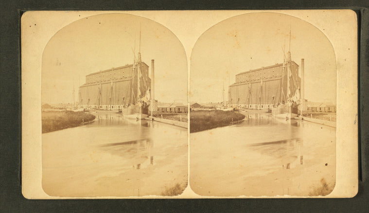 View of an elevator, with ships moored at levee.