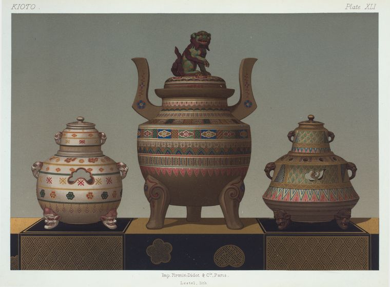 Koro, H. 18 in. ( W.J. Alt, Esq.); Pair of hibatchis, H. 8-3/4 in. and 9 in. (James L. Bowes, Esq.).