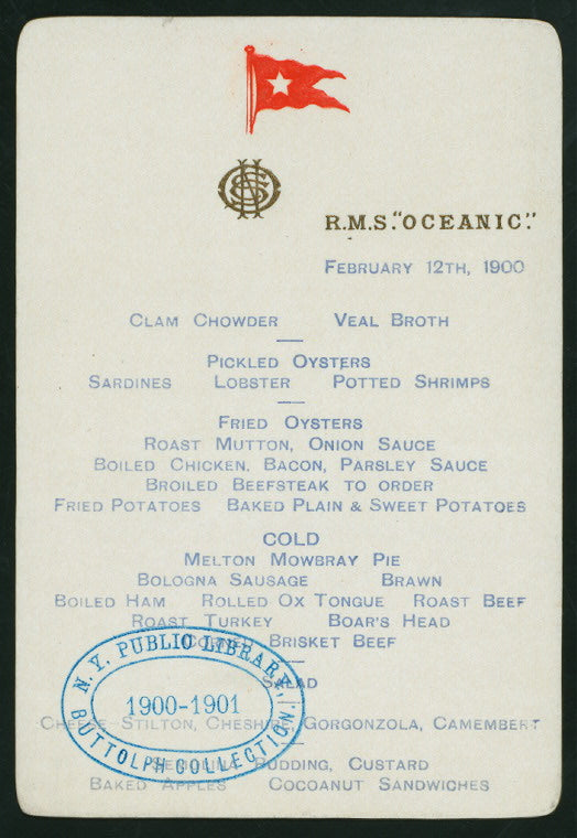 LUNCHEON] [held by] RMS OCEANIC [at] RMS OCEANIC (SS;)