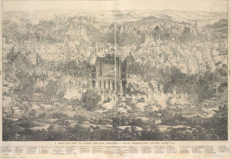 A bird's eye view of ancient Jerusalem, embracing a minute representation of this sacred city