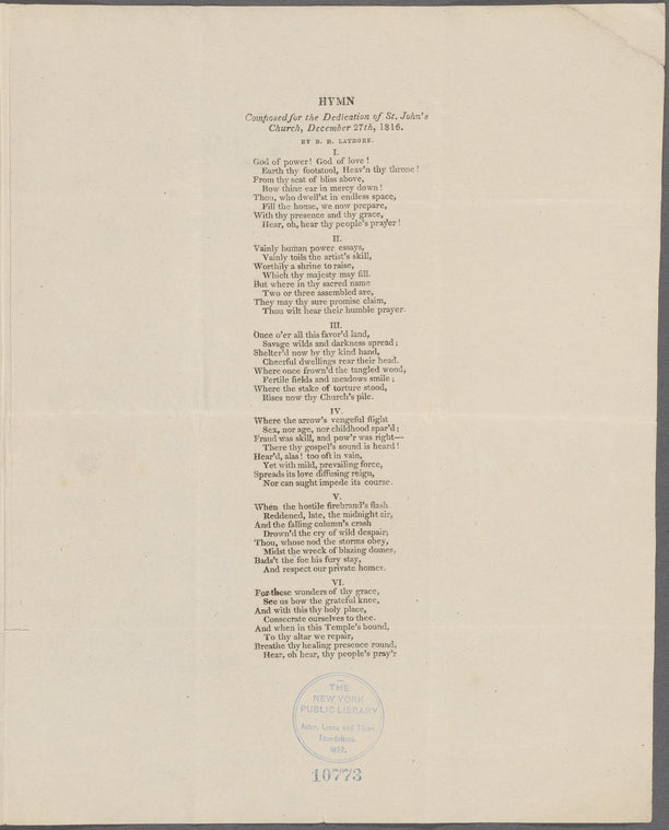 Hymn, Composed for the Dedication of St. John’s Church, December 27th, 1816